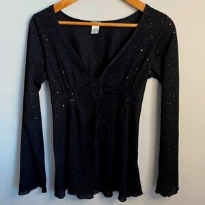 GUESS Women's Black Sequin Laced Tie-up V-neck Semi-Sheer Top Size Large